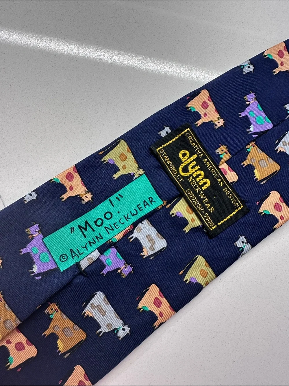 Cow Print Tie Navy Silk with colorful COWS in cartoon motif